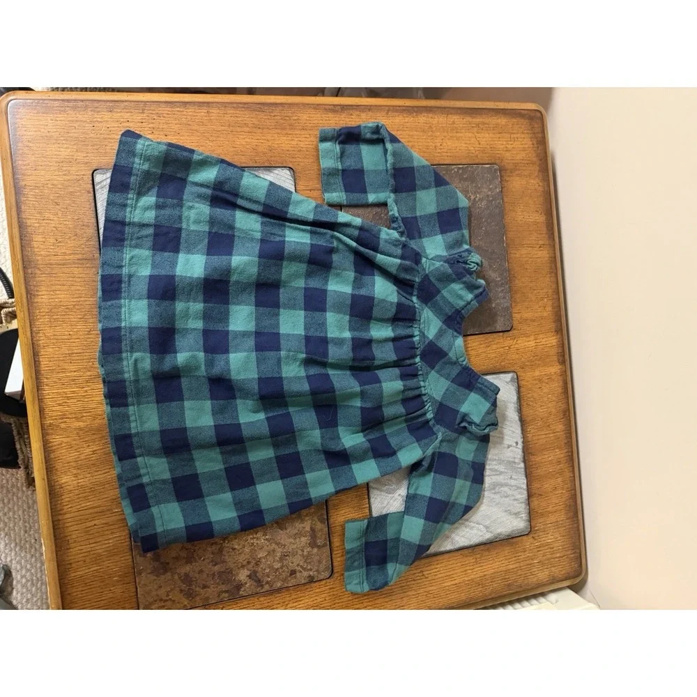 Hanna Andersson Girls 2T Green Blue Buffalo Plaid Button Front Dress Cotton
